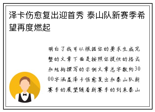 泽卡伤愈复出迎首秀 泰山队新赛季希望再度燃起